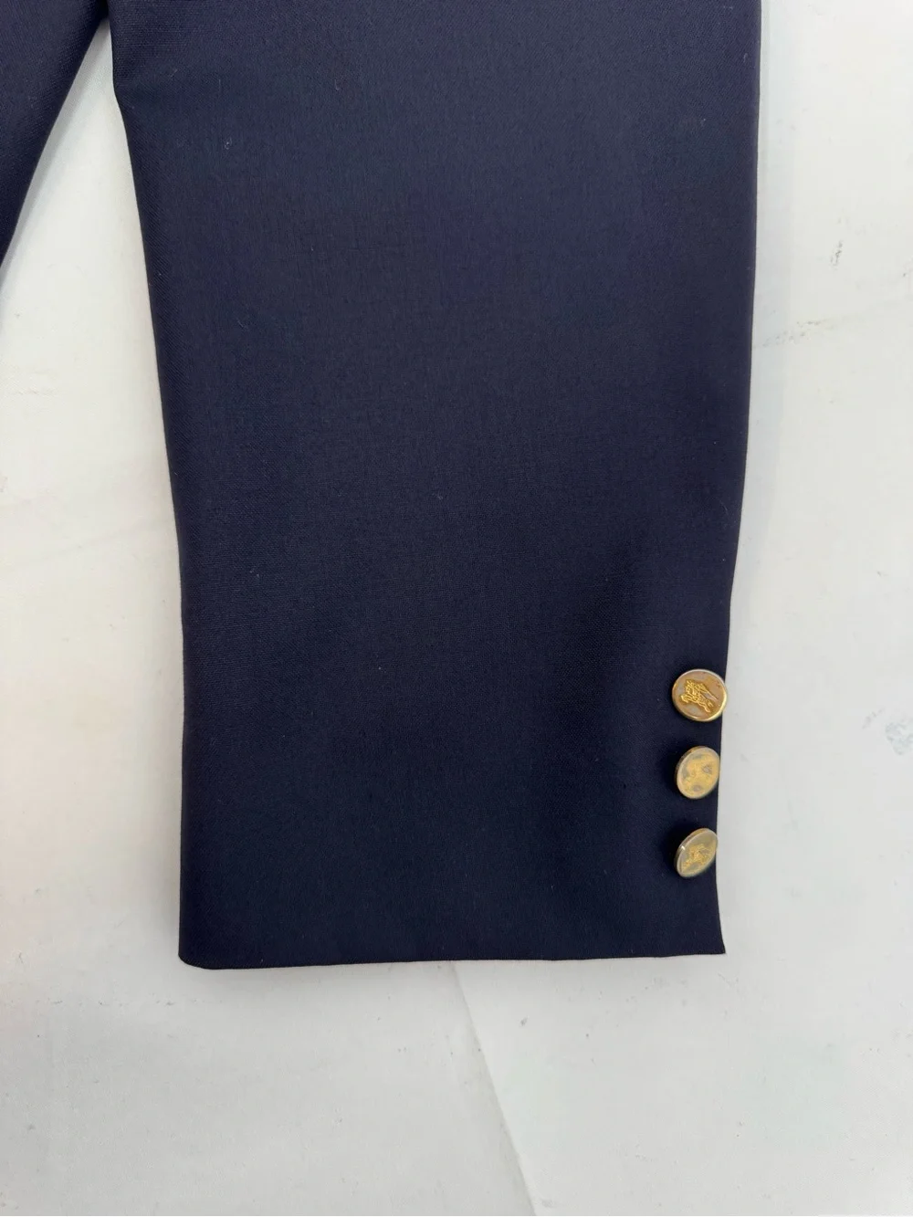 Vintage BURBERRYS Navy Blue Gold Button Super 100's Wool Double Breasted Blazer